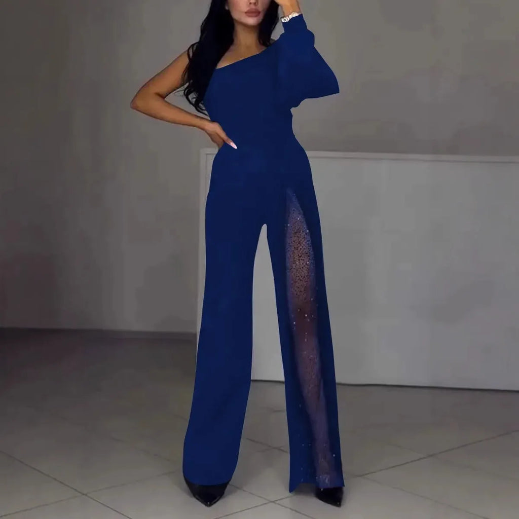 Women's black polyester jumpsuit with high slit and oblique shoulder design for fall winter fashion