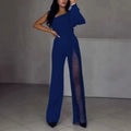 Women's black polyester jumpsuit with high slit and oblique shoulder design for fall winter fashion