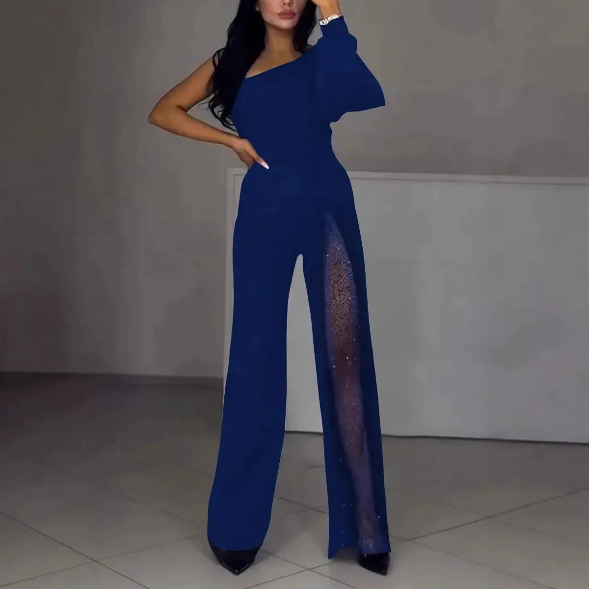 Women's black polyester jumpsuit with high slit and oblique shoulder design for fall winter fashion