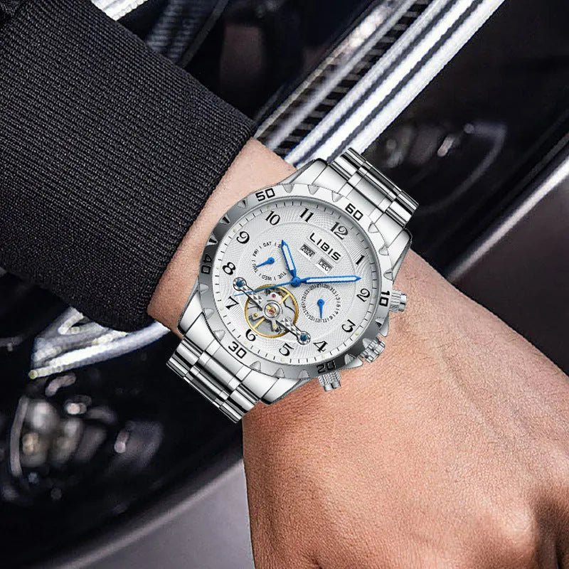 Men's silver steel automatic perpetual calendar mechanical watch with stainless steel strap and sapphire crystal