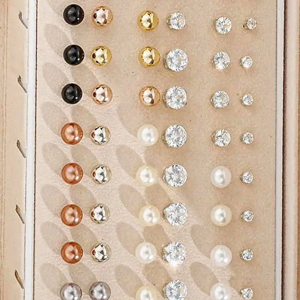 108-piece pearl earrings combination with geometric round design in gold and yellow electroplated finishes