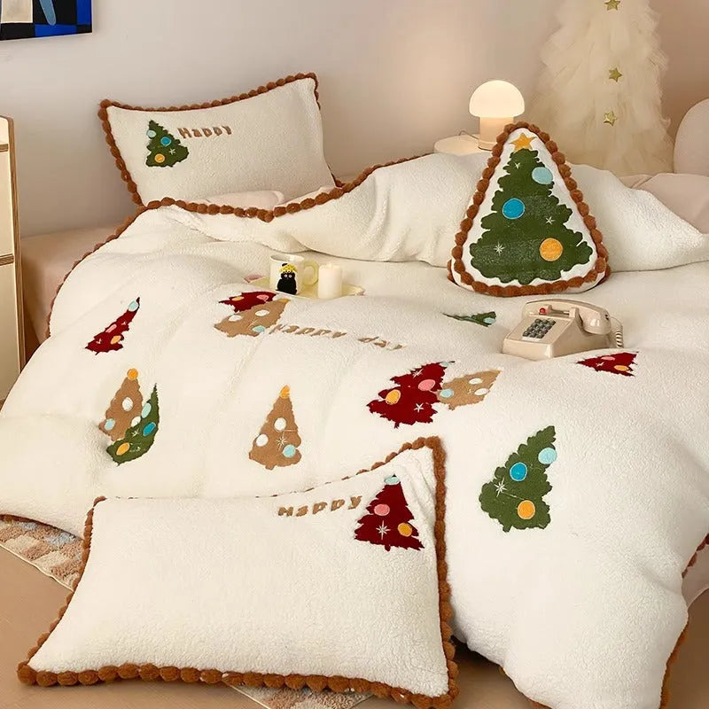 Bright yellow winter bedding set with Christmas tree pattern and fleece lining