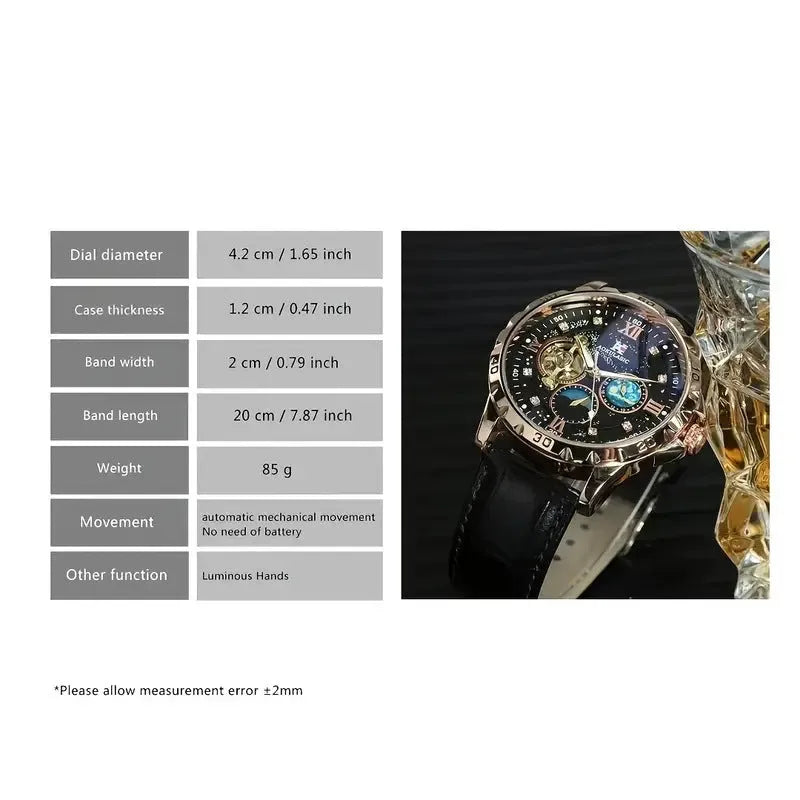 Men's black skeleton automatic watch with rose gold case and brown leather strap.