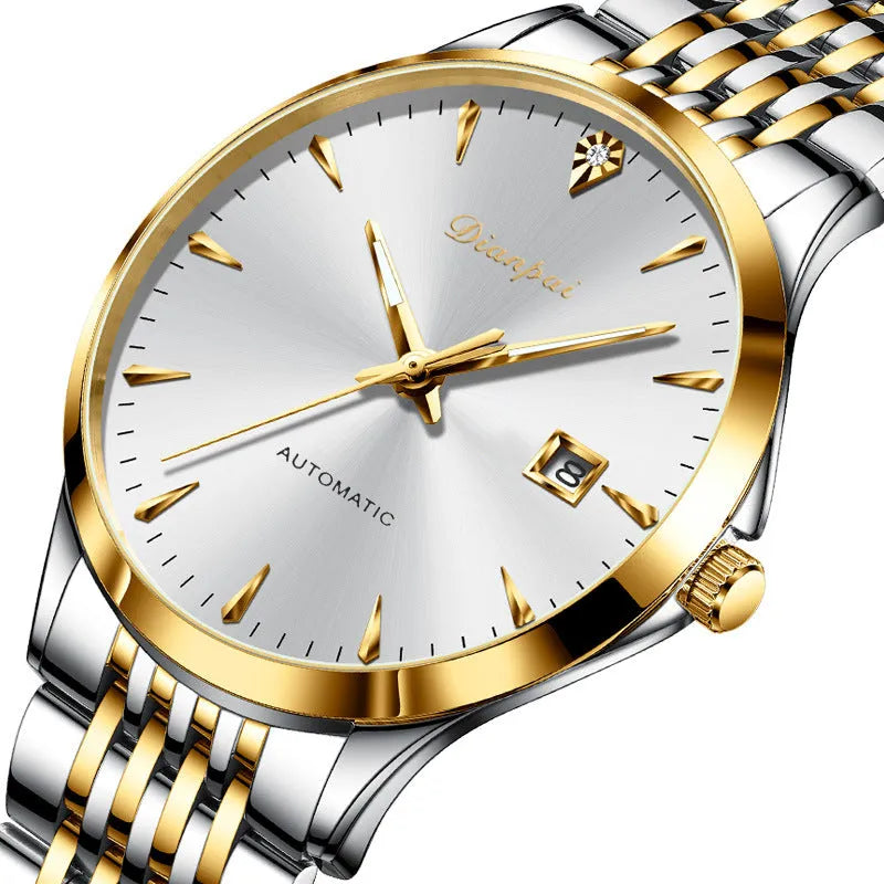 Men's automatic watch with stainless steel bracelet and simple white dial
