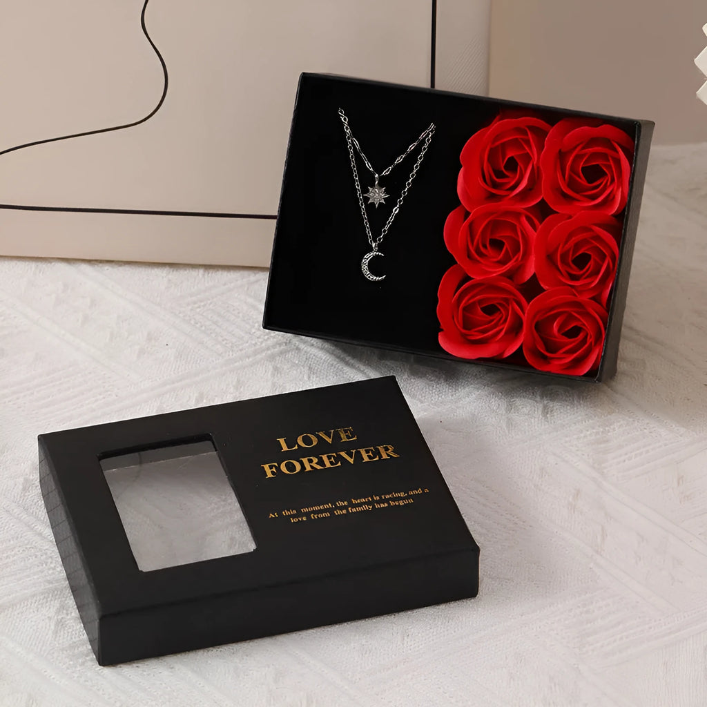 Korean style red gift box containing six pink soap flowers, with a matching handbag.