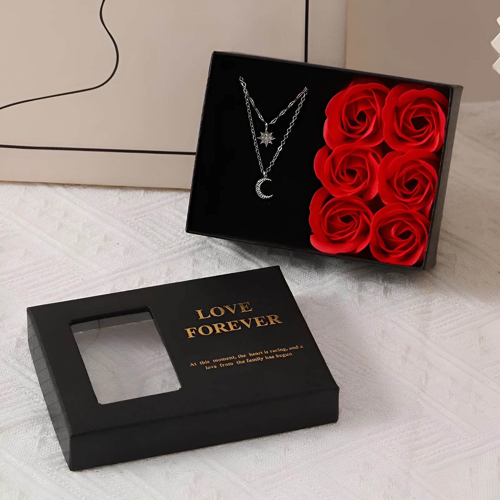 Korean style red gift box containing six pink soap flowers, with a matching handbag.