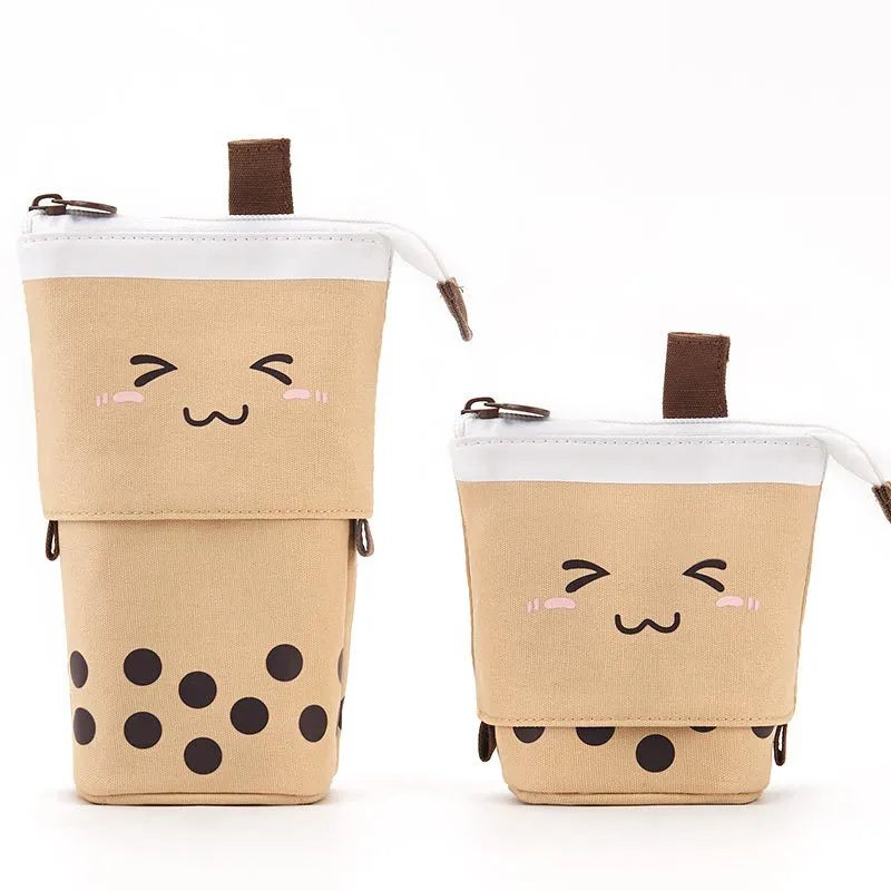 Canvas retractable pencil case with heart smiley face pattern in blue velvet milk tea colour