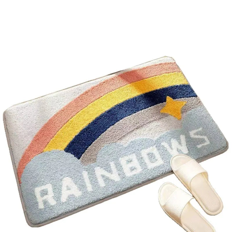 Square polyester fibre floor mat with rainbow pattern, plastic bottom, Sky Sea colour