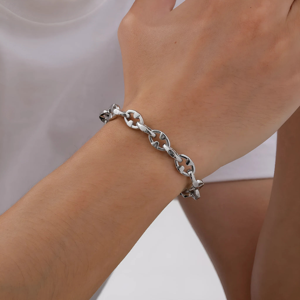 Stainless steel handmade thick chain geometric bracelet in steel colour