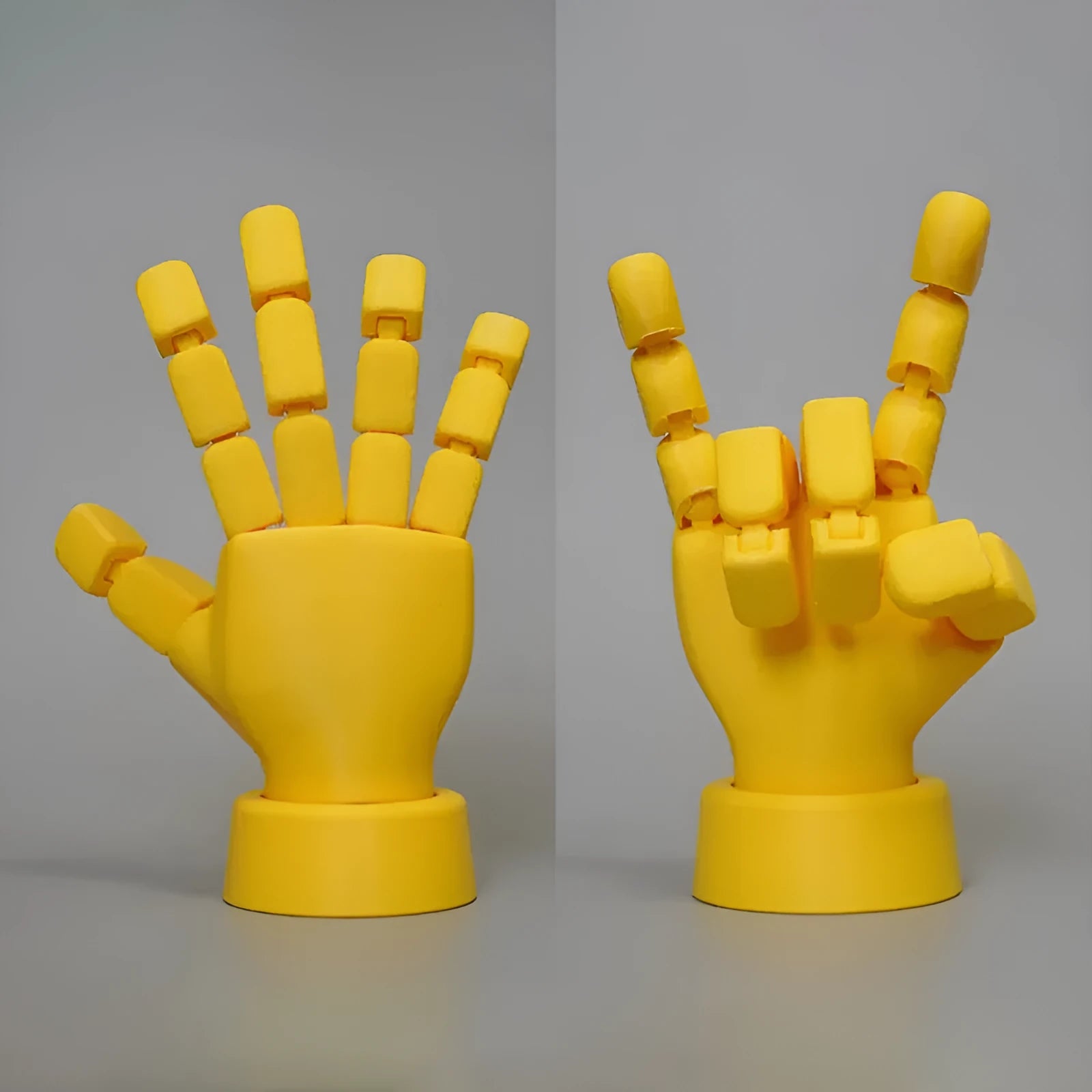 Yellow movable joint hand prop ornament made from PLA plastic.