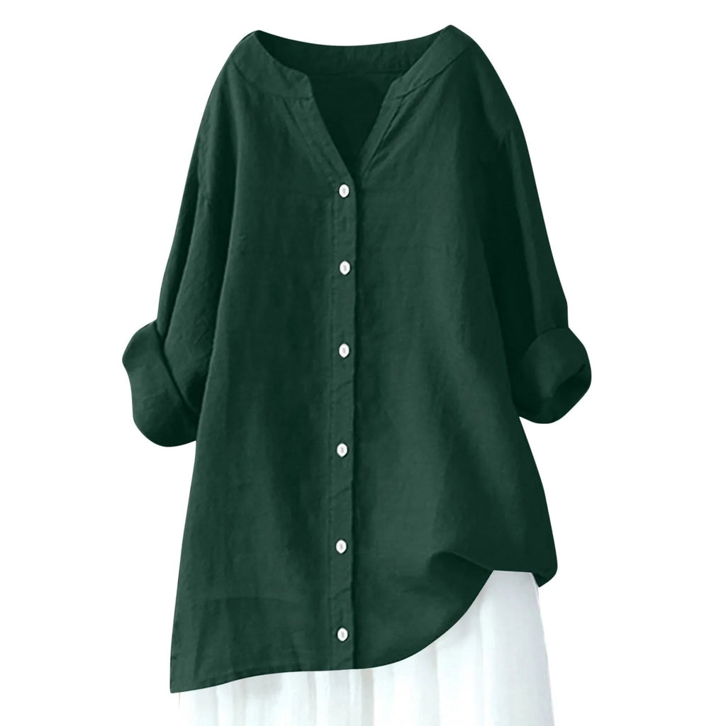 Women's cotton and linen long sleeve button shirt in loose fit, solid colour, front view