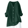 Women's cotton and linen long sleeve button shirt in loose fit, solid colour, front view
