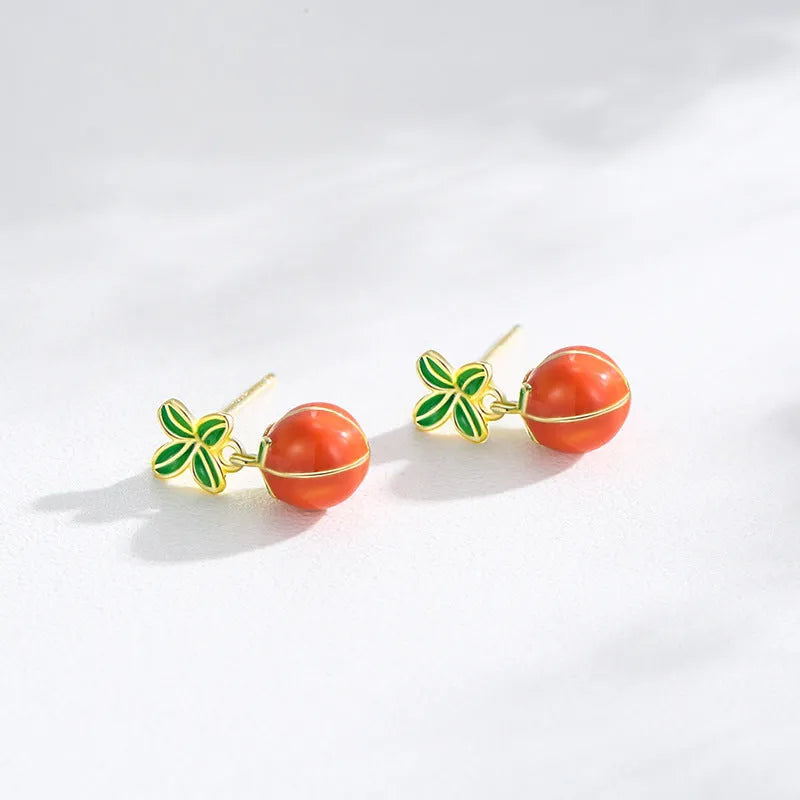 925 sterling silver persimmon stud earrings with lucky fruit design in New Chinese style