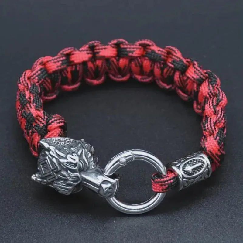 Stainless steel wolf head bracelet with Luen character in camouflage colour showing retro styling