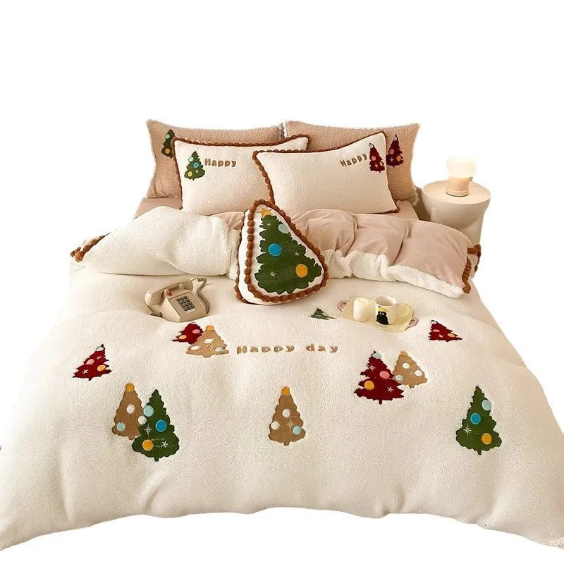 Bright yellow winter bedding set with Christmas tree pattern and fleece lining