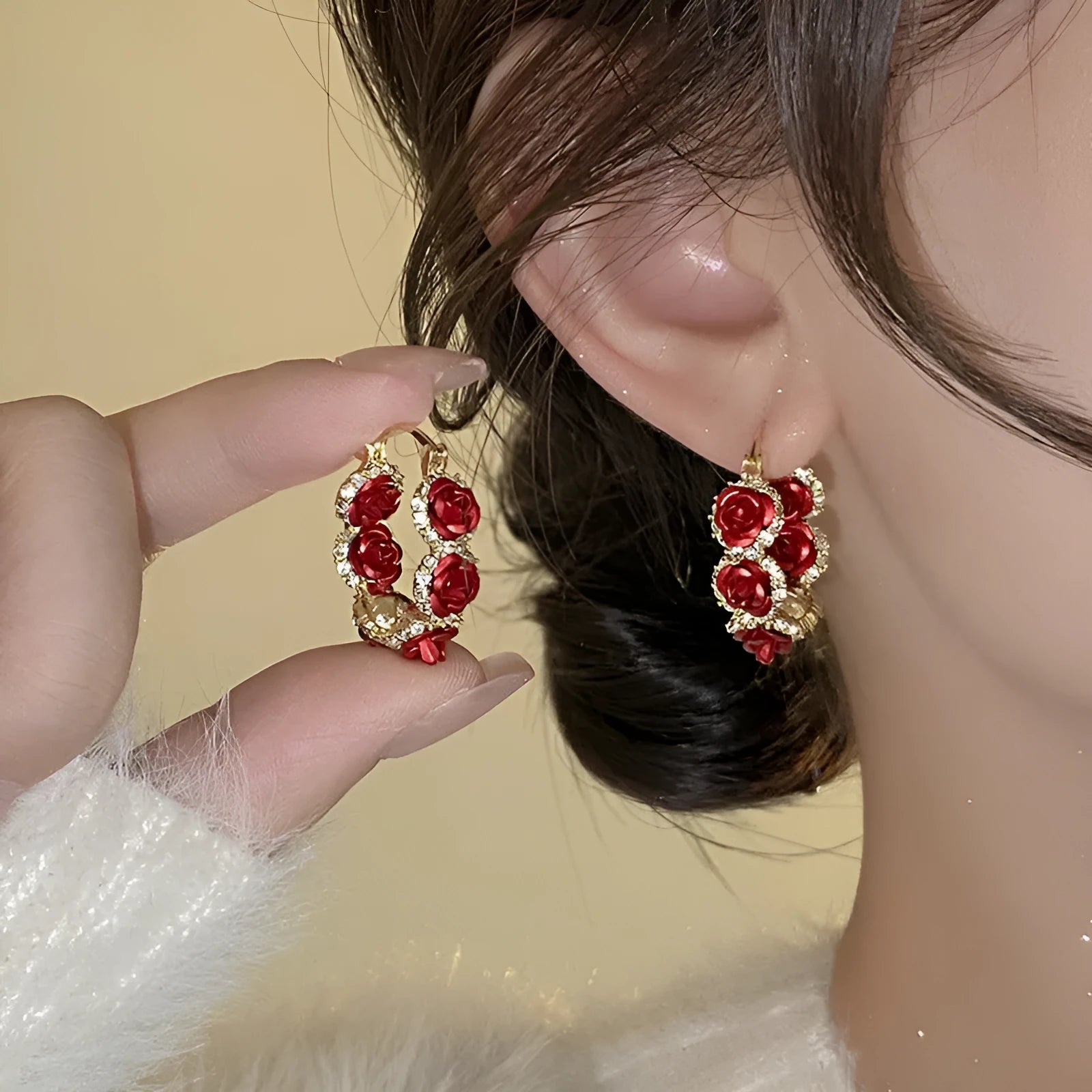 Red floral alloy clip-on earrings with rose design F155-A colour