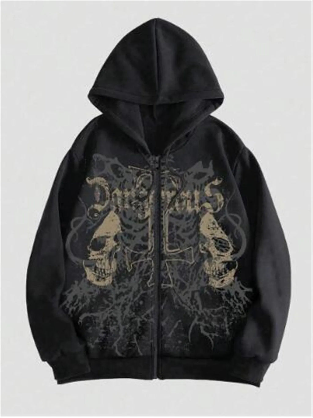 Man wearing a black hooded sweatshirt with a large white skull print on the front.