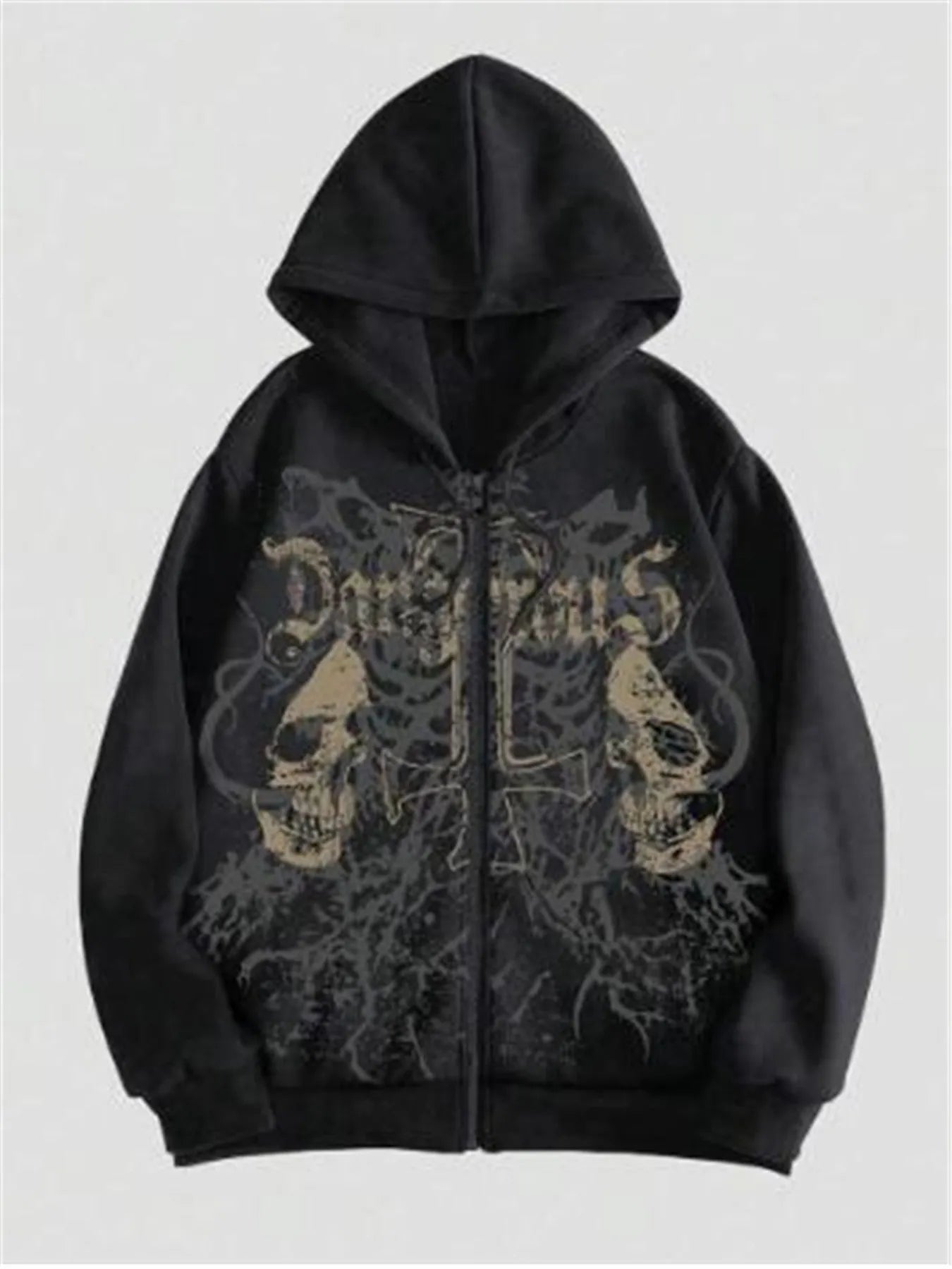 Man wearing a black hooded sweatshirt with a large white skull print on the front.