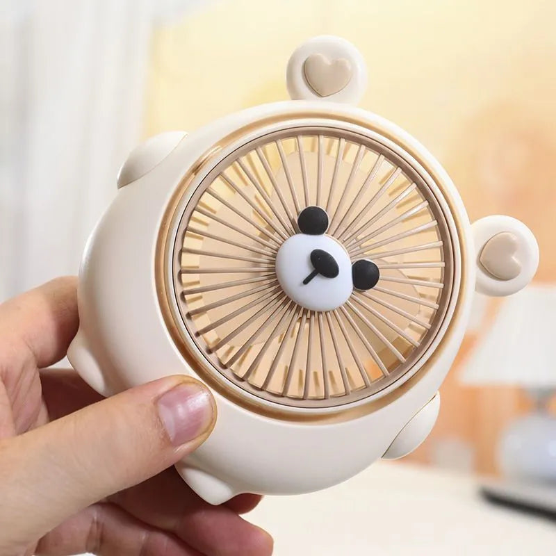 Cute animal-themed USB desk fan in brown puppy design showing three speed settings