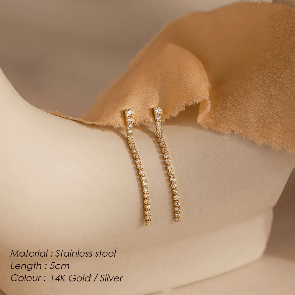 Women's stainless steel zircon earrings with geometric shape and Chinese style line decoration