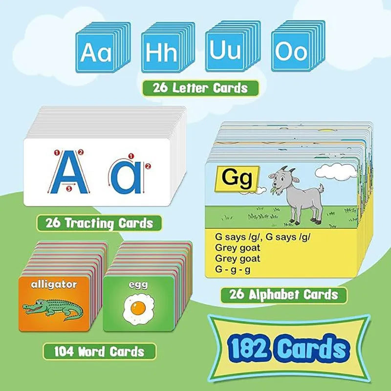 Large blue alphabet learning chart with slots for cards, surrounded by word, letter, and picture cards for children's education.