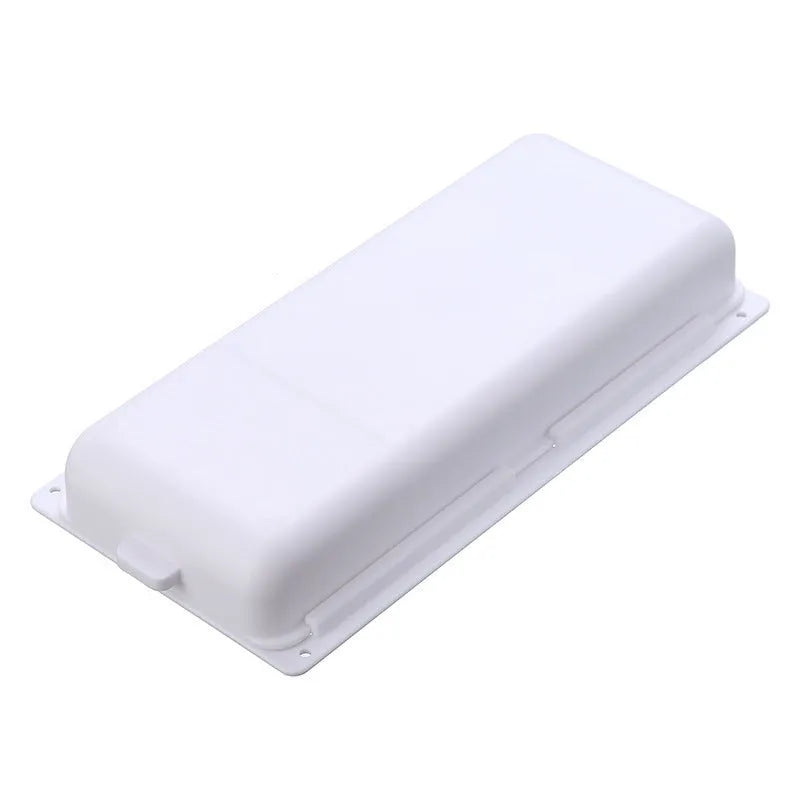 White plastic adhesive under-table storage drawer box with a grid-pattern lid