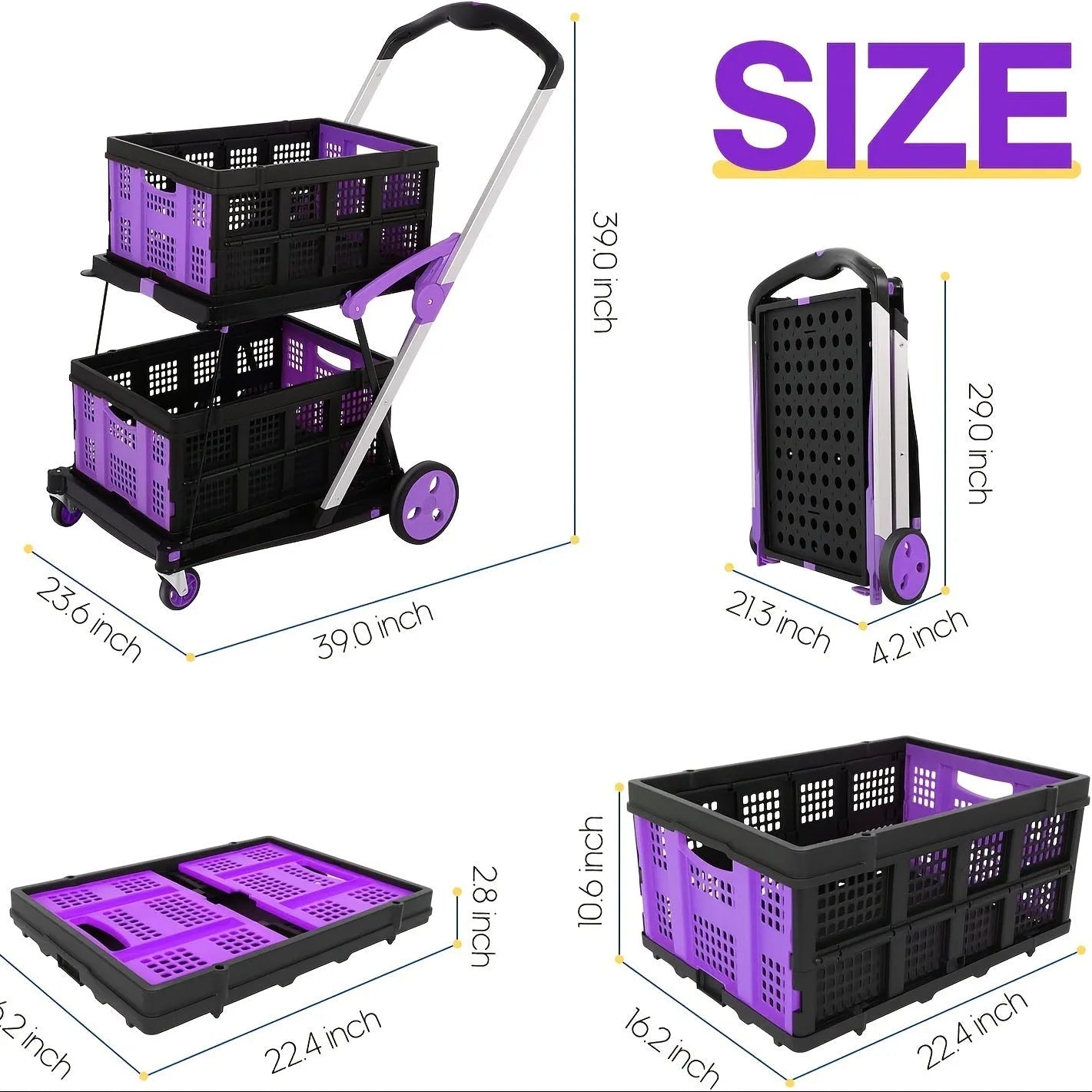 Blue foldable shopping cart with two plastic baskets, shown in an open, ready-to-use position.