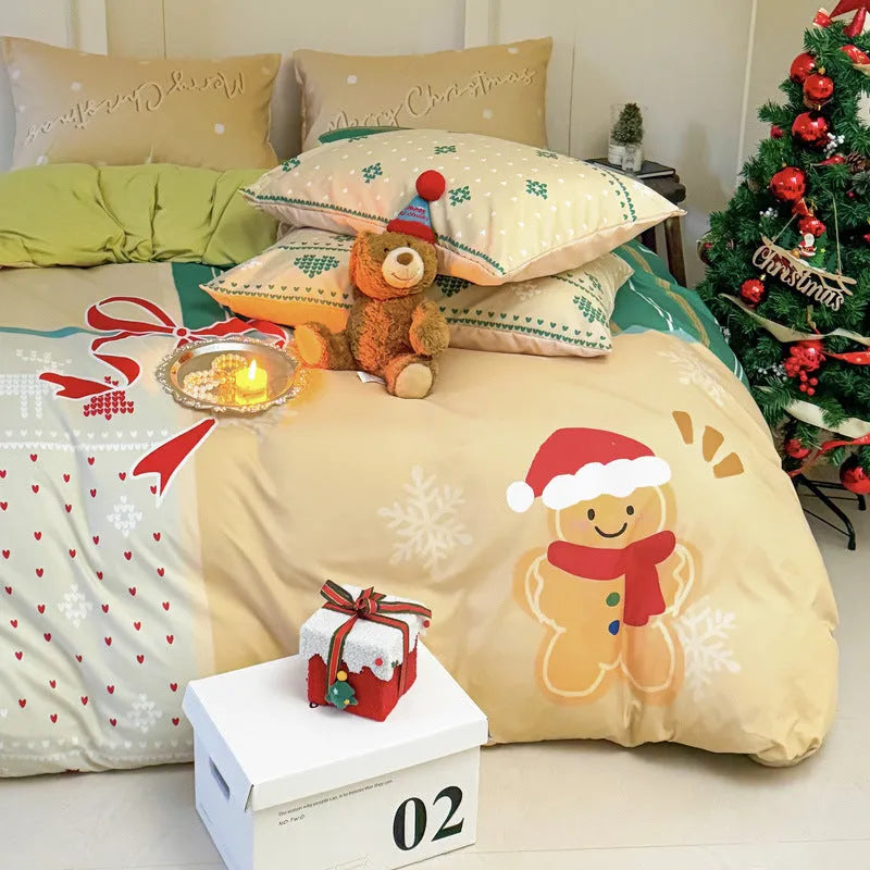 Christmas cartoon printed four-piece bedding set with sheet, quilt cover, and pillowcases.