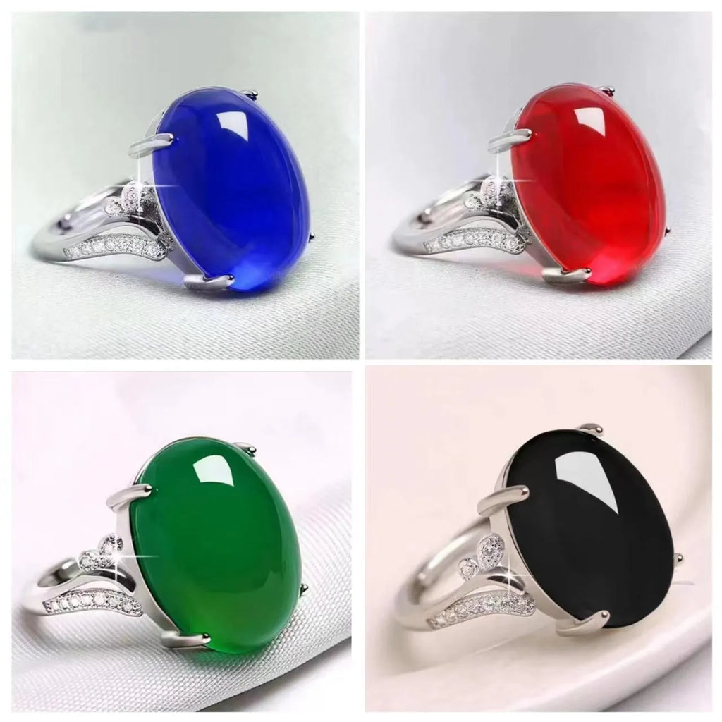 Adjustable ethnic geometric alloy ring showing five colour variations: black, blue, green, red, yellow