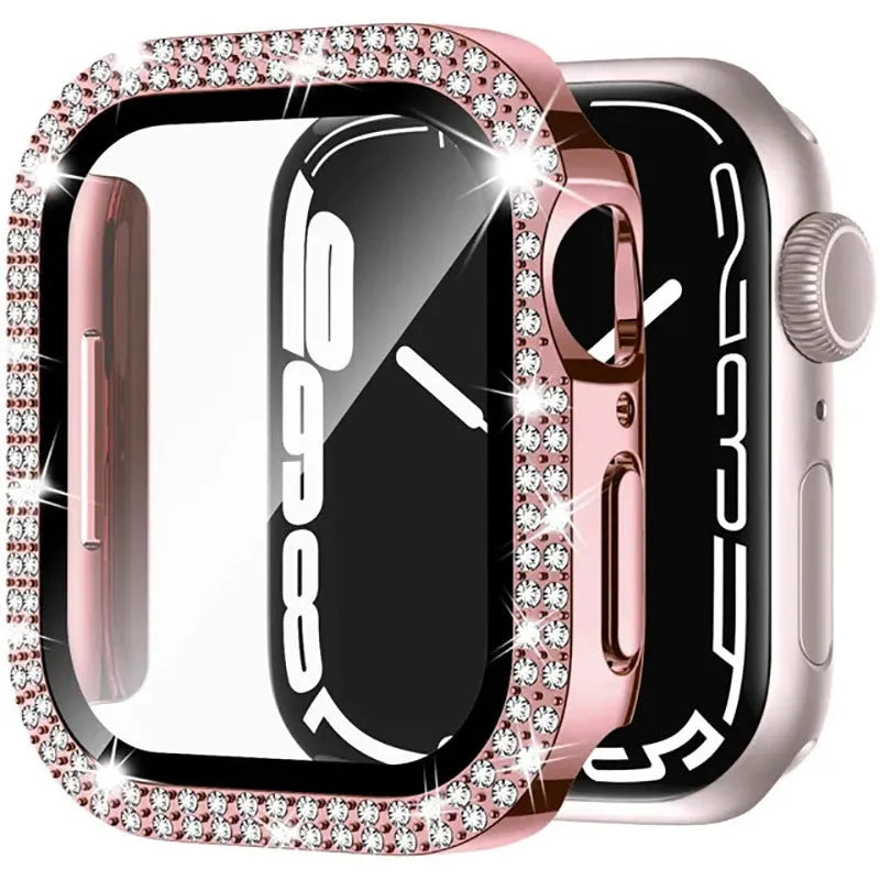 Apple Watch protective case with peep-proof glass in rose pink, gold, and black colour options