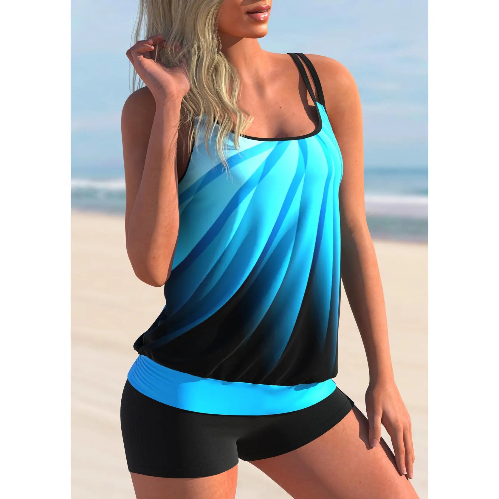 Plus size women's swimsuit set with butterfly print, adjustable strap top, and conservative beach shorts