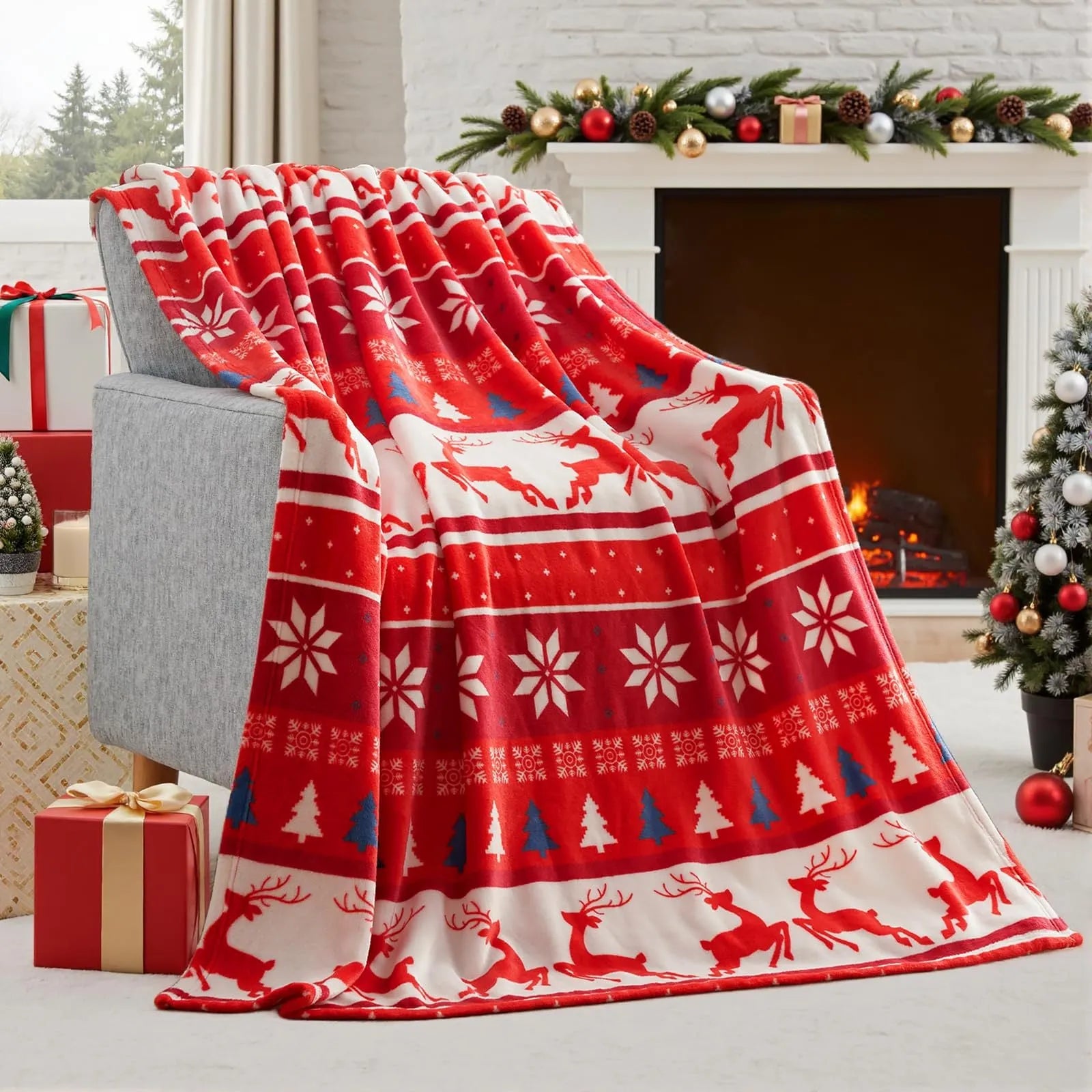Soft flannel Christmas blanket in a plush polyester fabric, shown in one of five available colours.