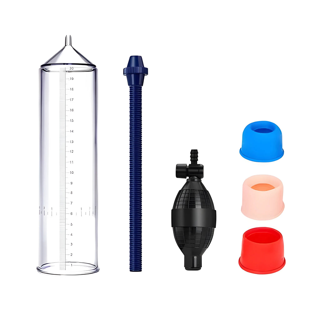 Male silicone exercise cover accessory with plastic valve exerciser and connection components