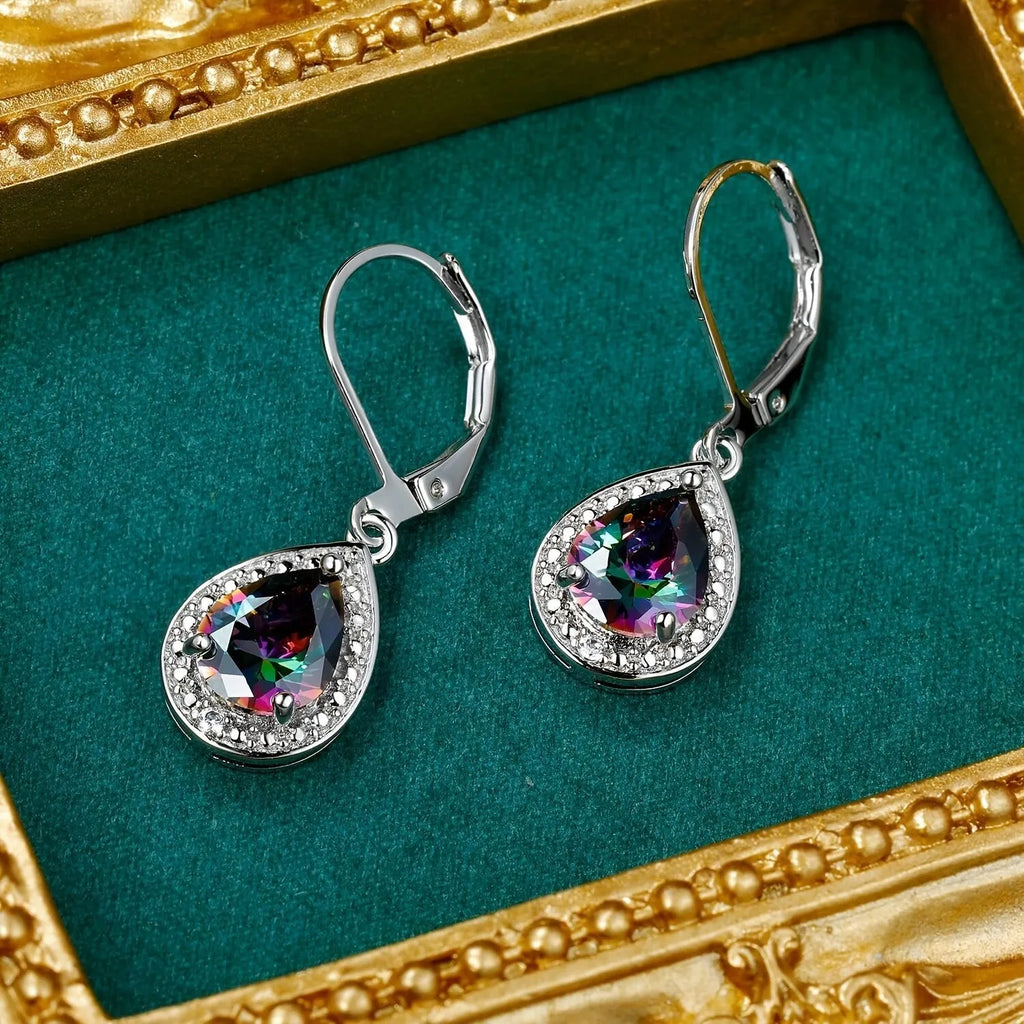 Platinum zinc alloy earrings with a coloured water drop stone in simple style