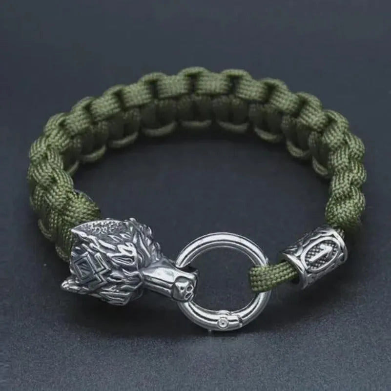 Stainless steel wolf head bracelet with Luen character in camouflage colour showing retro styling