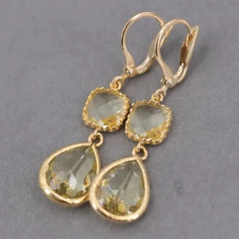 Gold retro geometric earrings with long crystal fringe water droplet elements