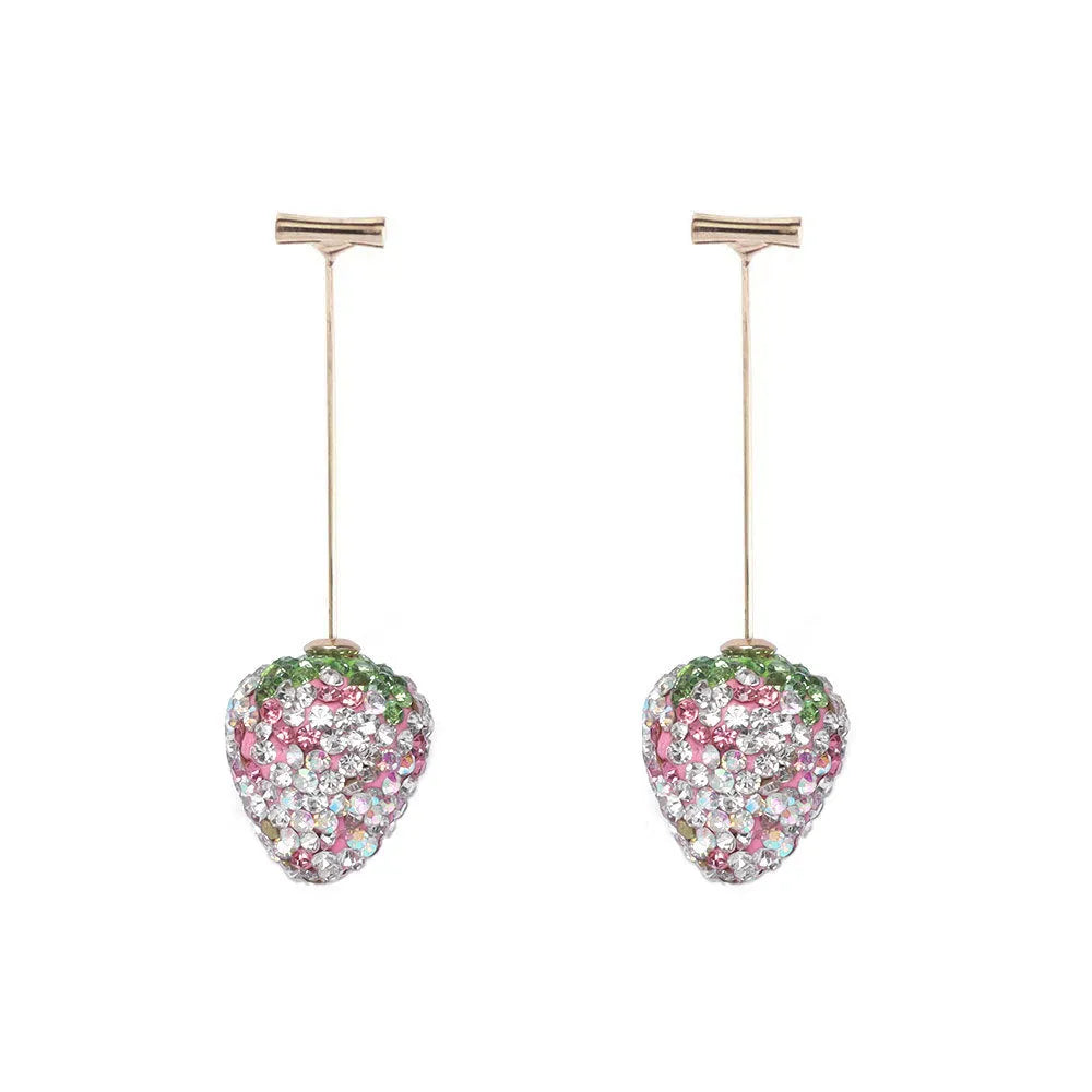 Pair of women's geometric strawberry charm earrings in zinc alloy, spot drill red finish.