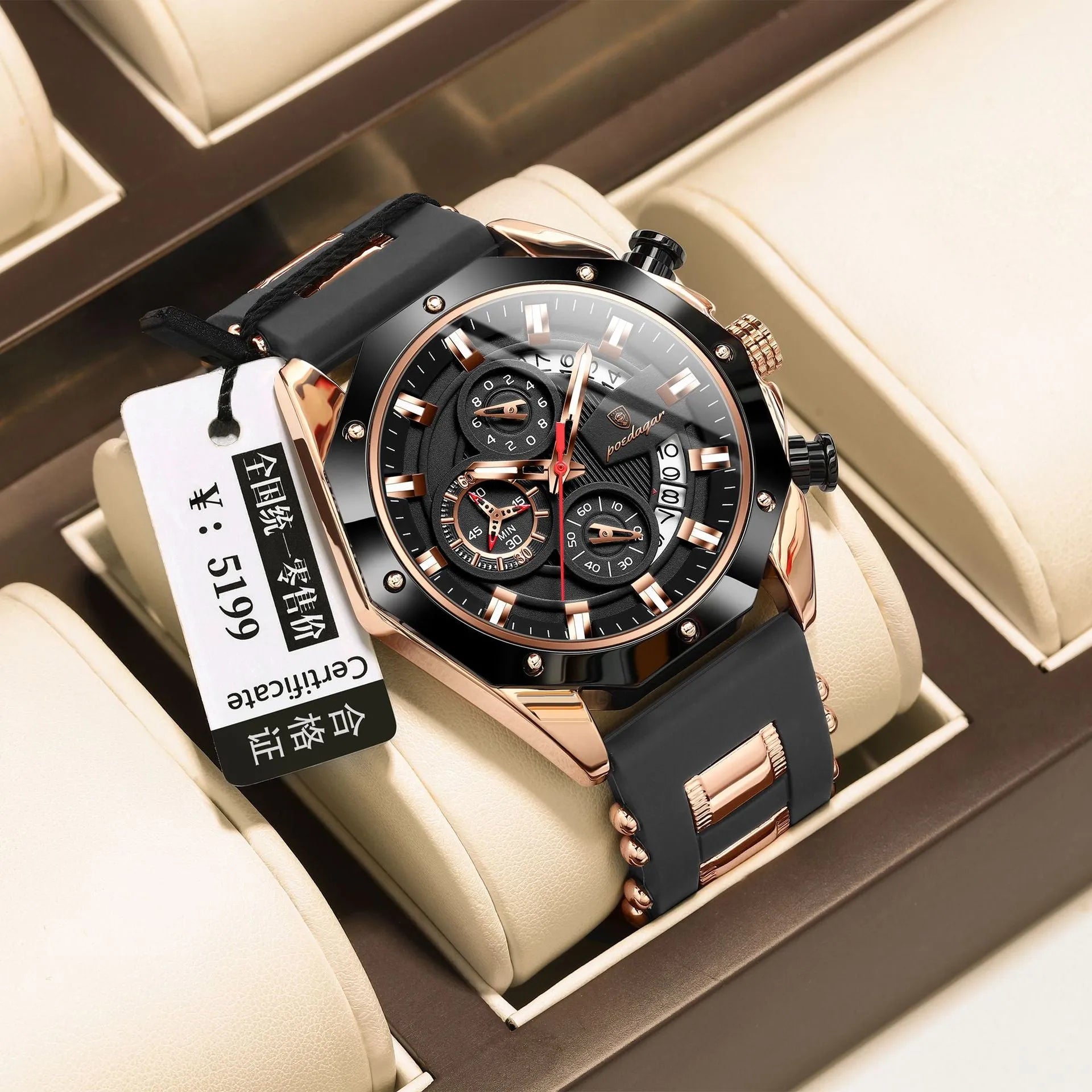 Men's chronograph sports watch with silicone strap and diamond-shaped dial