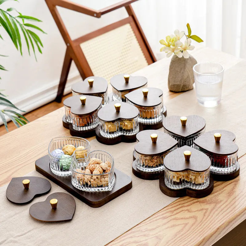 Glass fruit platter with transparent heart-shaped lids in mild luxury retro style with coloured glaze finish
