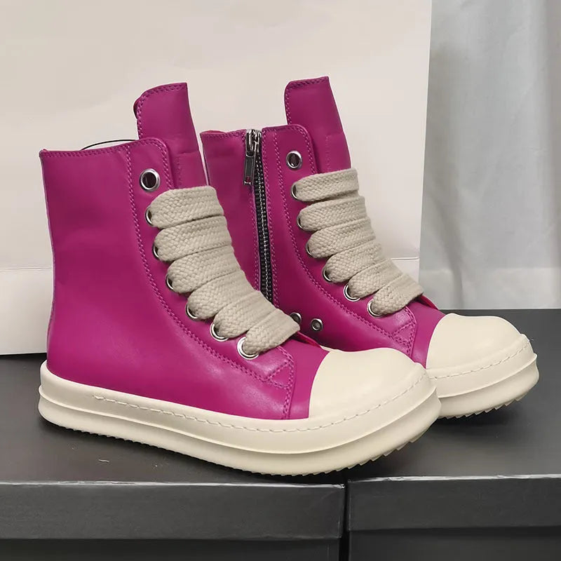 Black high-top leather sneakers with side zipper and round toe on a platform sole.