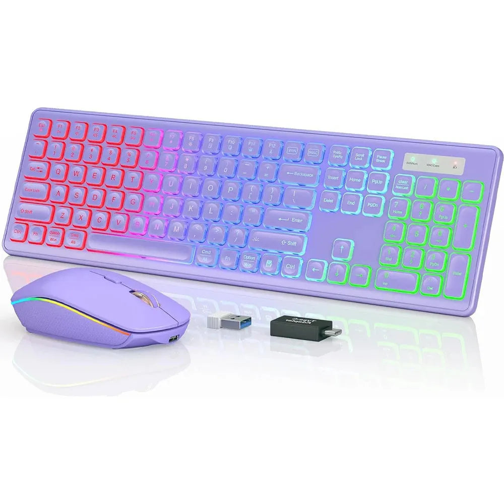 Backlit rechargeable wireless keyboard and mouse set in black, purple, or white, keyboard size 46*25*5