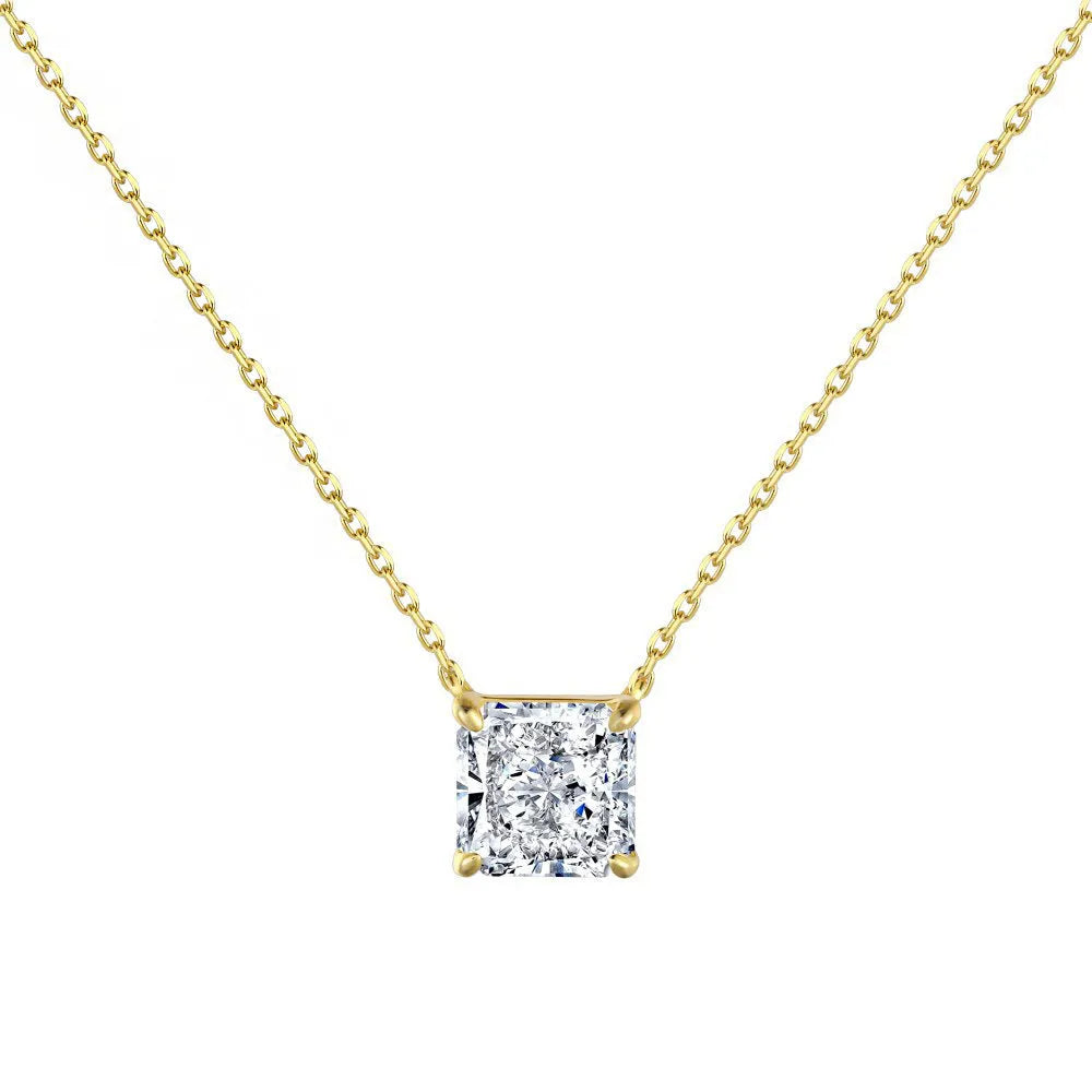 925 silver geometric pendant necklace with a 4 karat Ledean square white diamond on an adjustable clavicle chain, N166 platinum colour