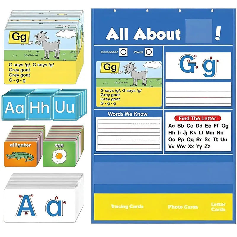 Large blue alphabet learning chart with slots for cards, surrounded by word, letter, and picture cards for children's education.