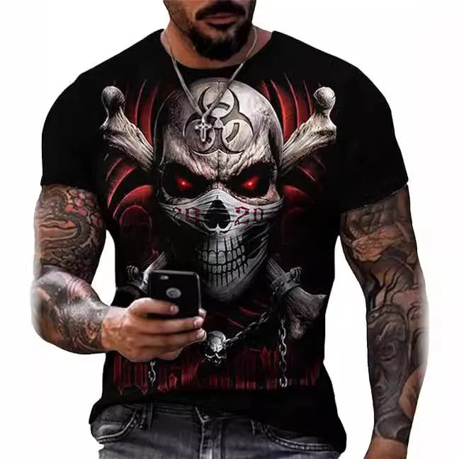 Printed men's skull head round neck T-shirt loose fit short sleeve summer top