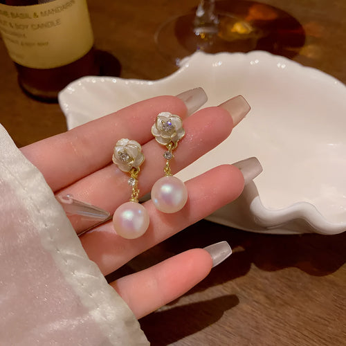 Camellia pearl flower stud earrings for women with gold-tone alloy and faux pearl centre