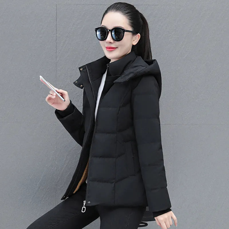 Women's short thick down jacket in black, slim fit with long sleeves and pocket detail