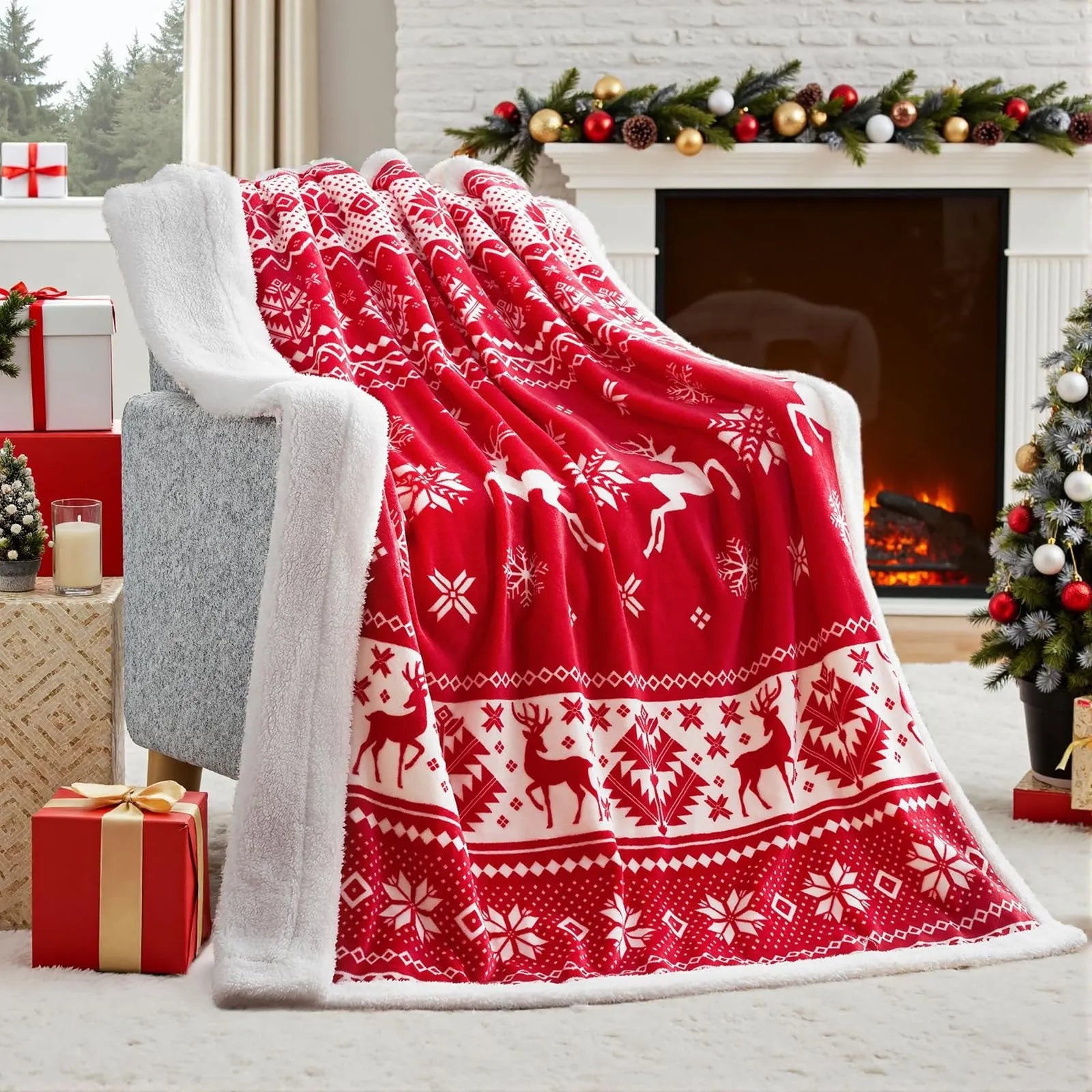Soft flannel Christmas blanket in a plush polyester fabric, shown in one of five available colours.