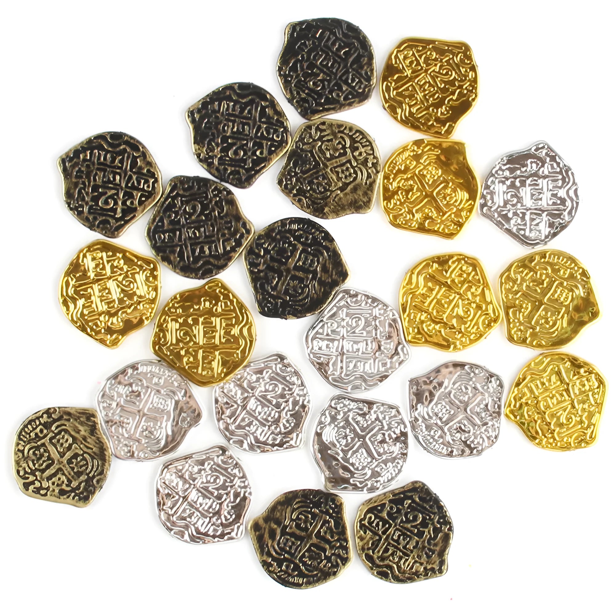 Set of 100 gold, silver, and bronze electroplated plastic replica Roman coins for crafts and decorations.
