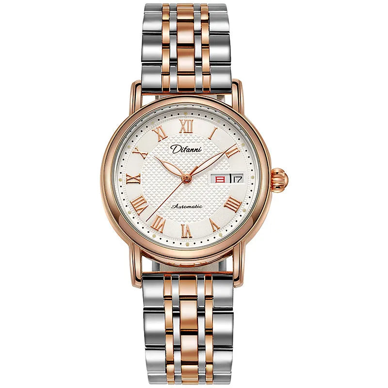 Women's automatic mechanical fashion watch with steel bracelet and white dial showing 12mm thickness
