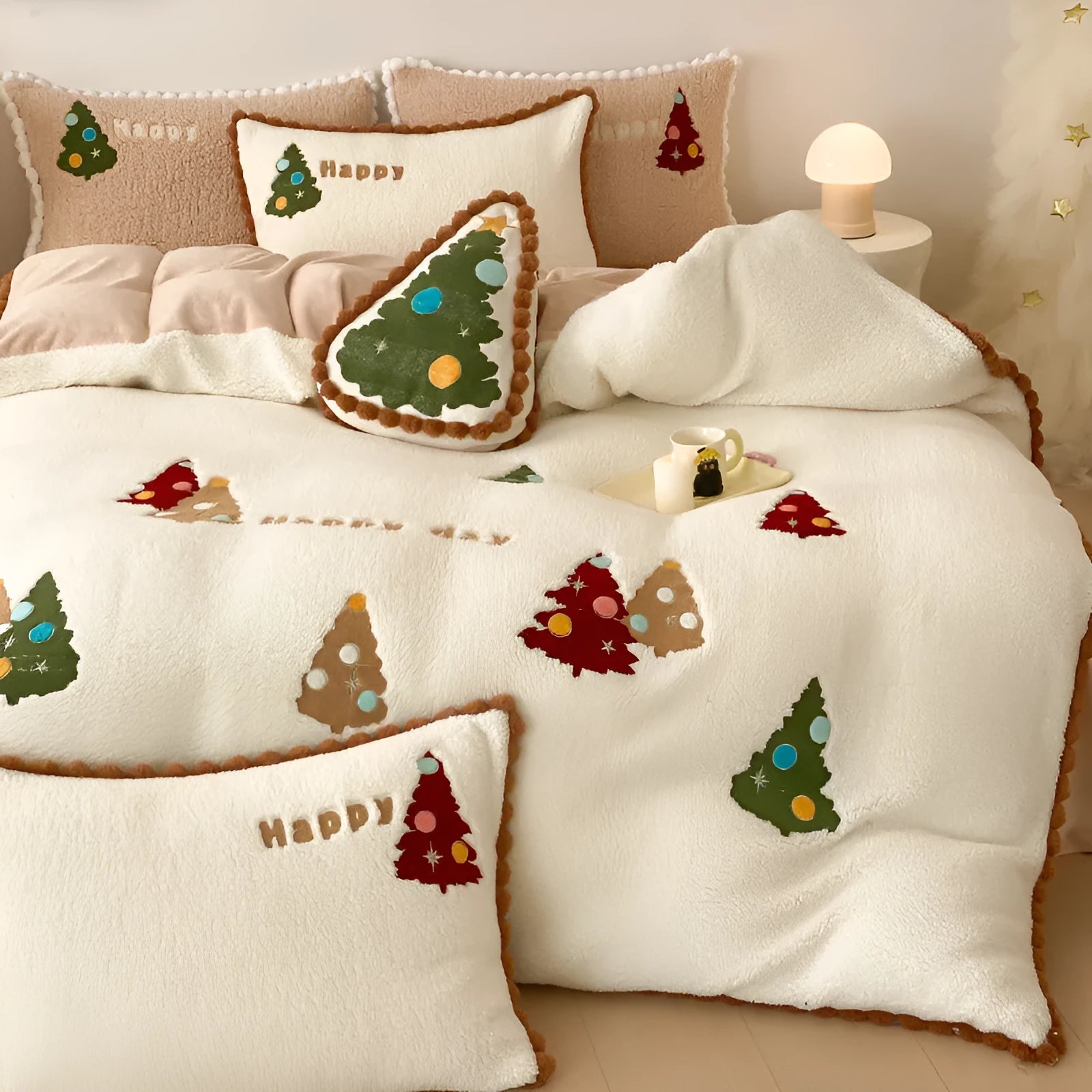 Bright yellow winter bedding set with Christmas tree pattern and fleece lining